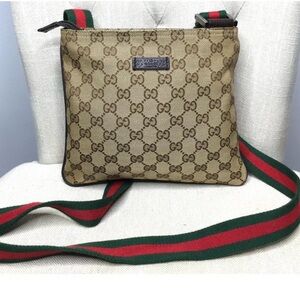 Gucci Tan Crossbody Bag with Red and Green Strap